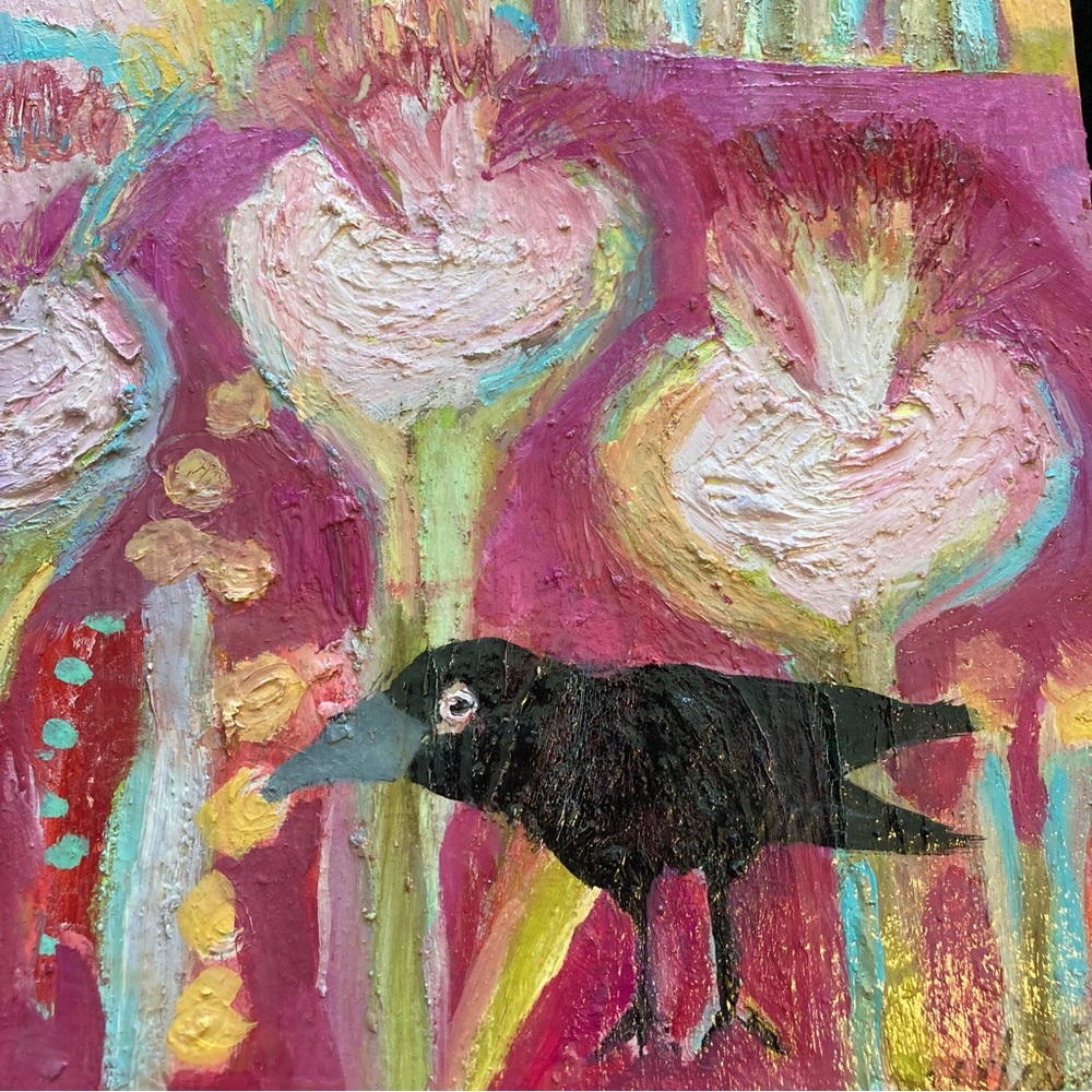 The Scarlet Forrest 2 ”An Original Oil Painting 12”x12 Crow on Birchwood - Picture 2 of 11